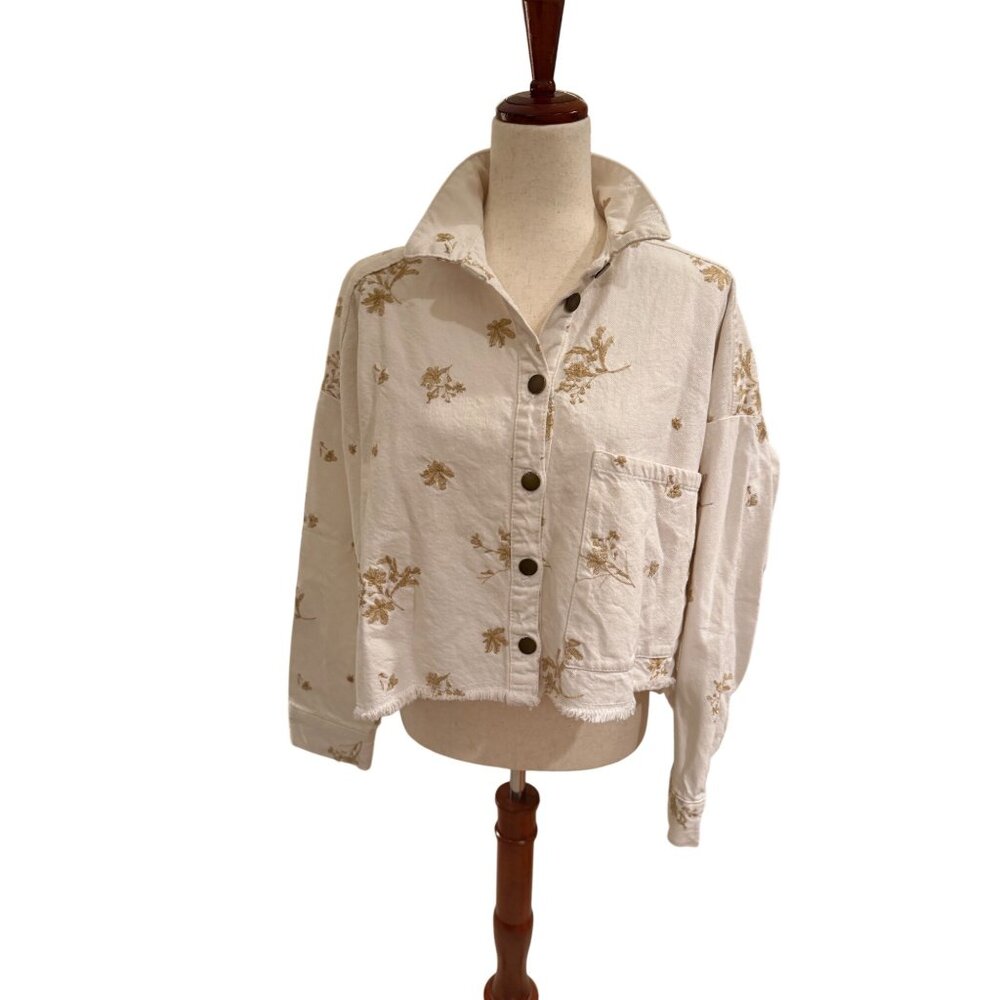 Zara white cotton blend embroidered floral denim jacket with a frayed hem Med